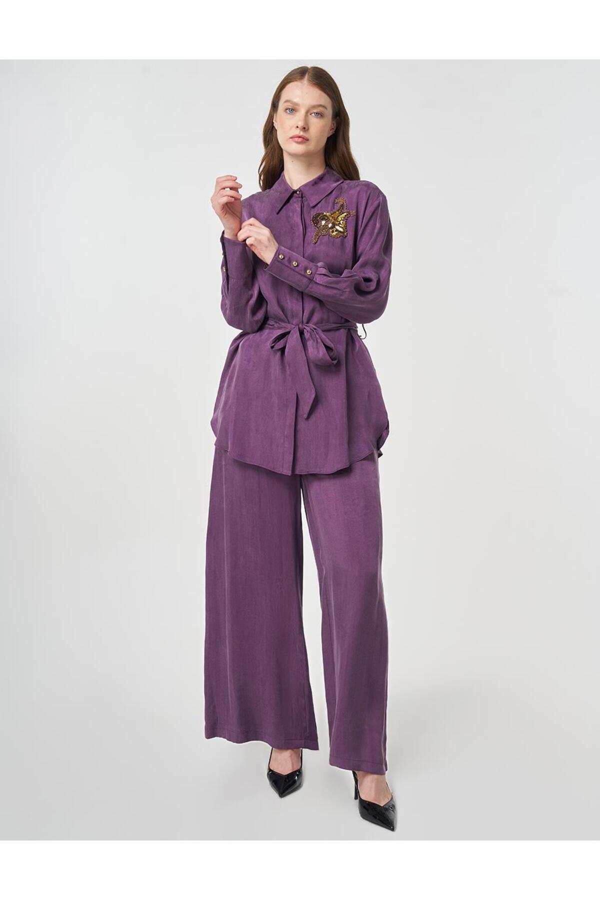 Kayra 100% Lyocell Embroidered Double Suit Eggplant Purple