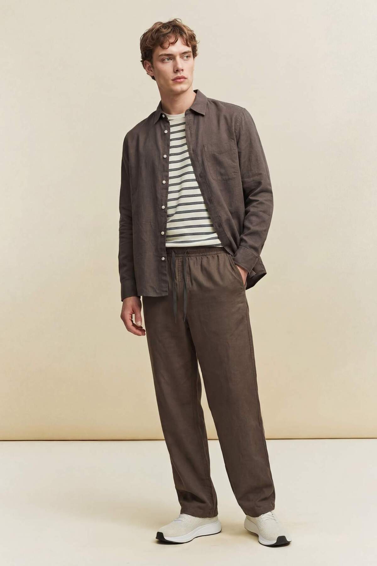 %100 Keten Regular Fit Gömlek G0788AX26SM — قهوه‌ای — تصویر 2 از 7