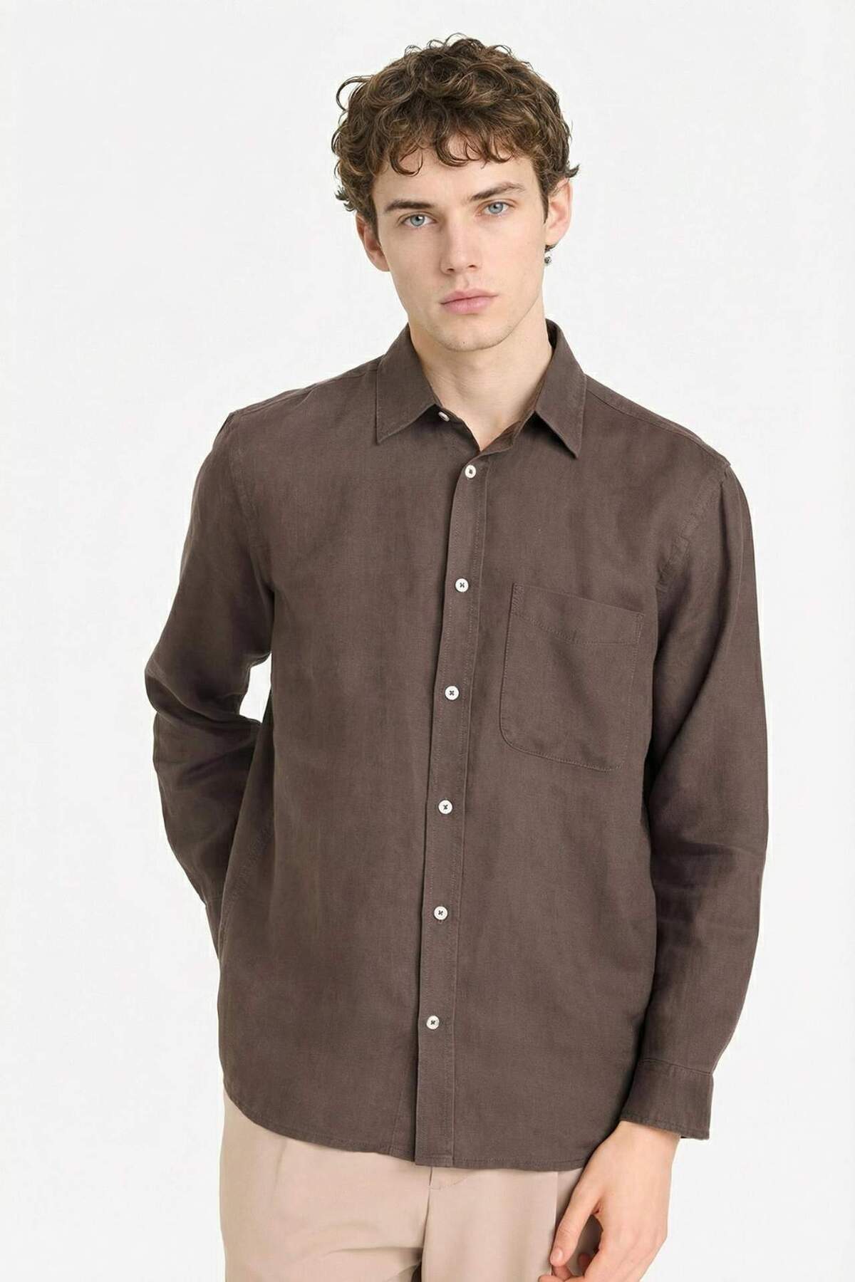 %100 Keten Regular Fit Gömlek G0788AX26SM — قهوه‌ای — تصویر 5 از 7