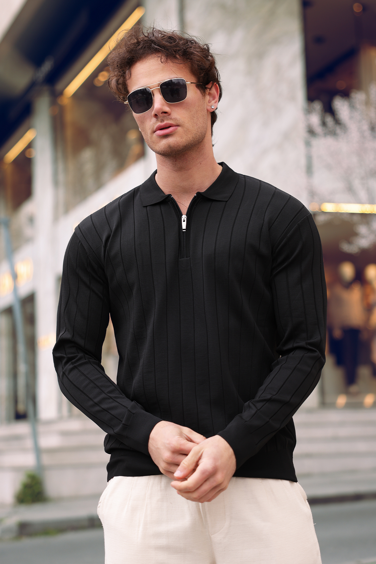 aziso  Siyah Erkek Polo Yaka Yarım Fermuarlı Triko Kazak - Görsel 3