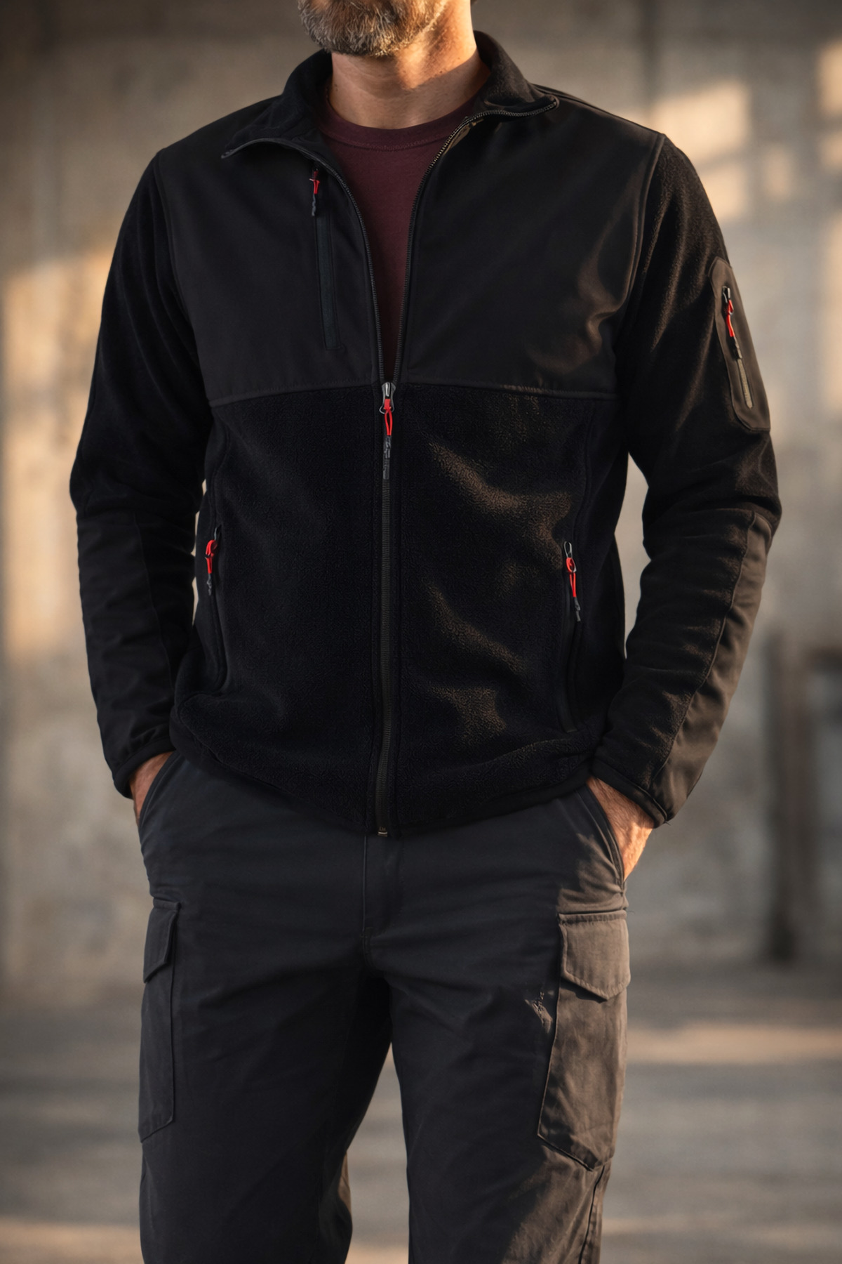 Souris Erkek Siyah Dar Kalıp Anti-pilling Tüylenme Yapmayan Tam Fermuar Softshell Garnili Polar Sweatshirt