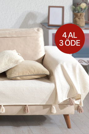 Lux Touch Pera Ekru Püsküllü Kolları Örten Koltuk Örtüsü 300x110 cm 3m Battal...