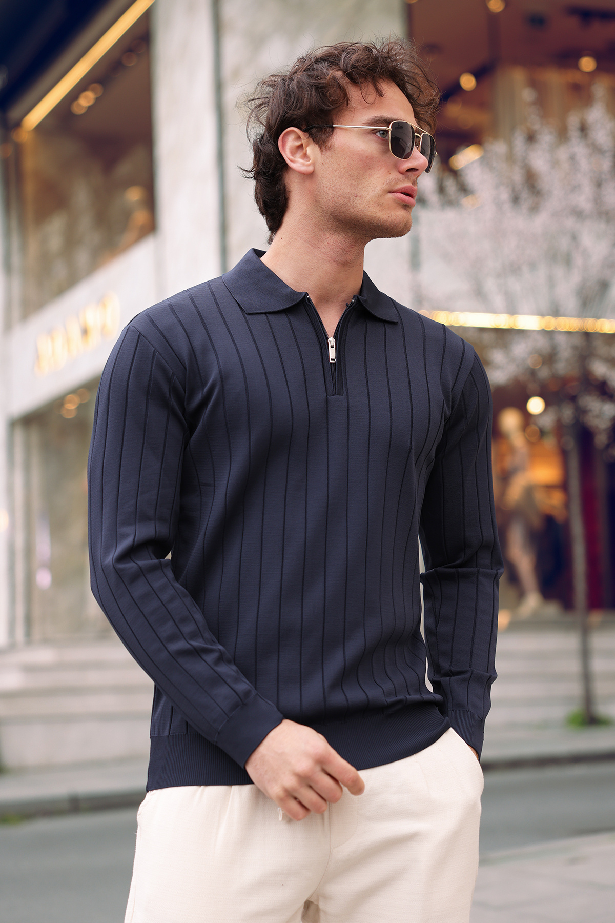 aziso  Lacivert Erkek Polo Yaka Yarım Fermuarlı Triko Kazak - Görsel 3