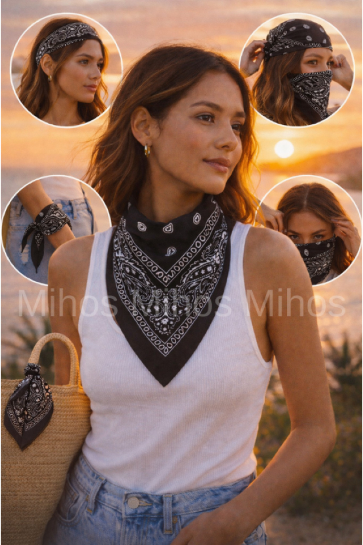 Mihos Etnik Desenli Siyah Bandana | Unisex Pamuklu Fular & Kafa