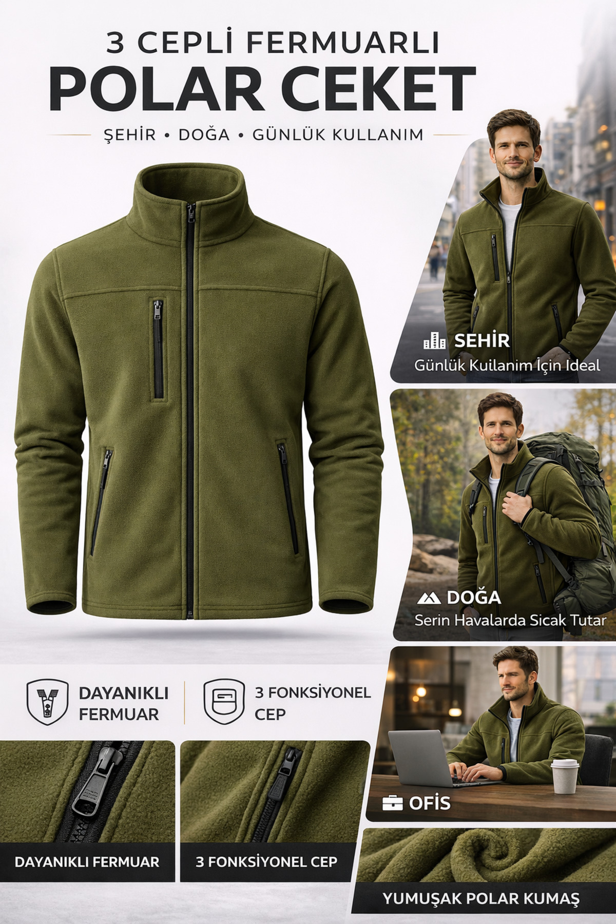 KaeLaurean  Erkek Anti-pilling Tüylenme Yapmayan Standart Fit Dik Yaka Soğuk Geçirmez Üç Cepli Fermuarlı Polar - Görsel 2