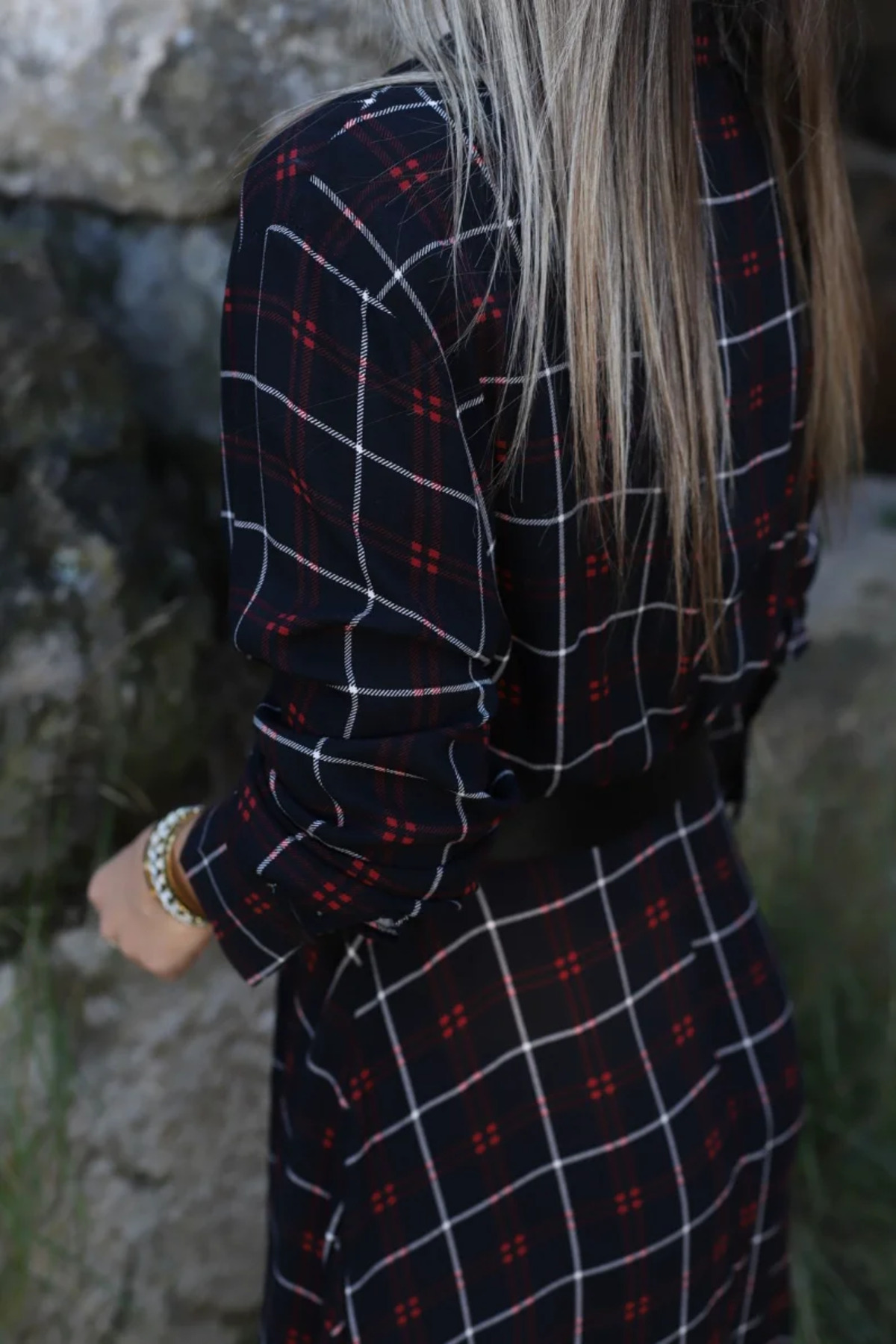 bytugcekaya  Siyah Gömlek Yaka Kareli Kemerli Elbise - Görsel 5