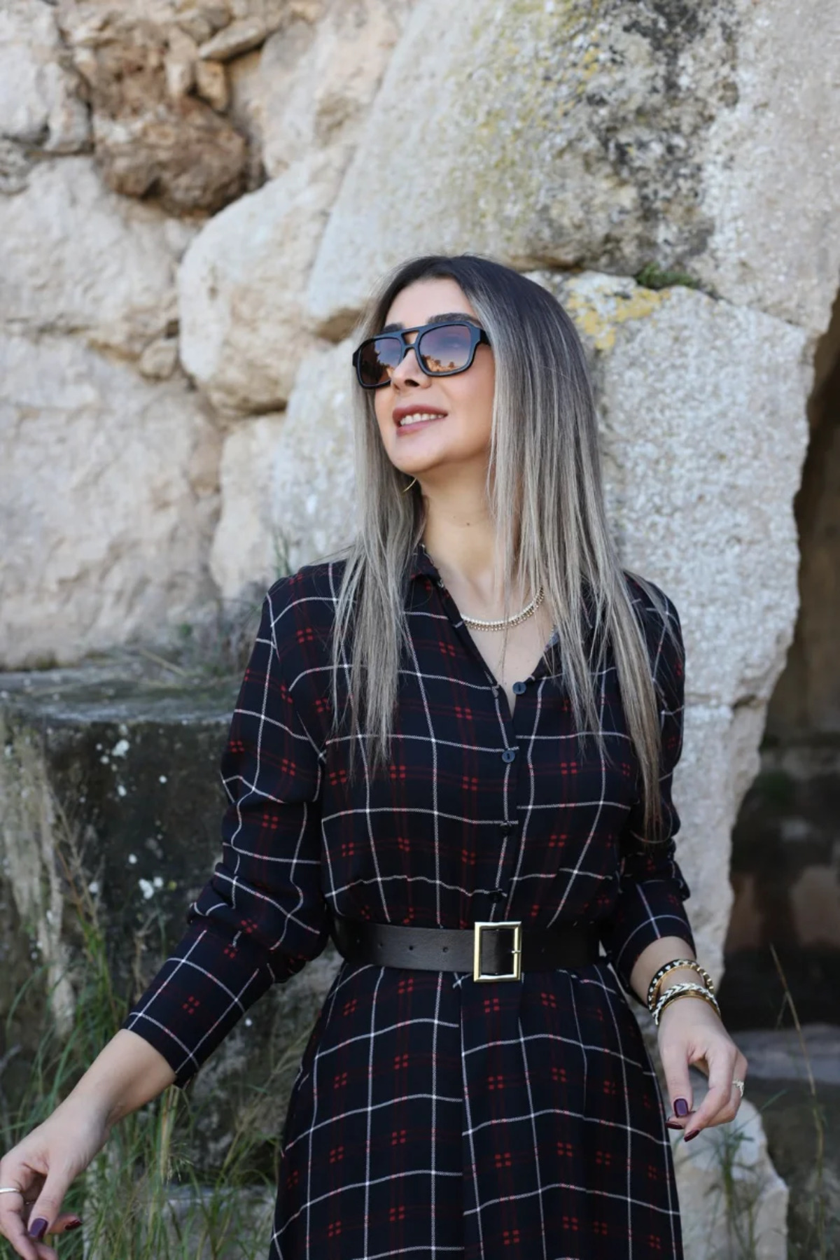 bytugcekaya  Siyah Gömlek Yaka Kareli Kemerli Elbise - Görsel 2