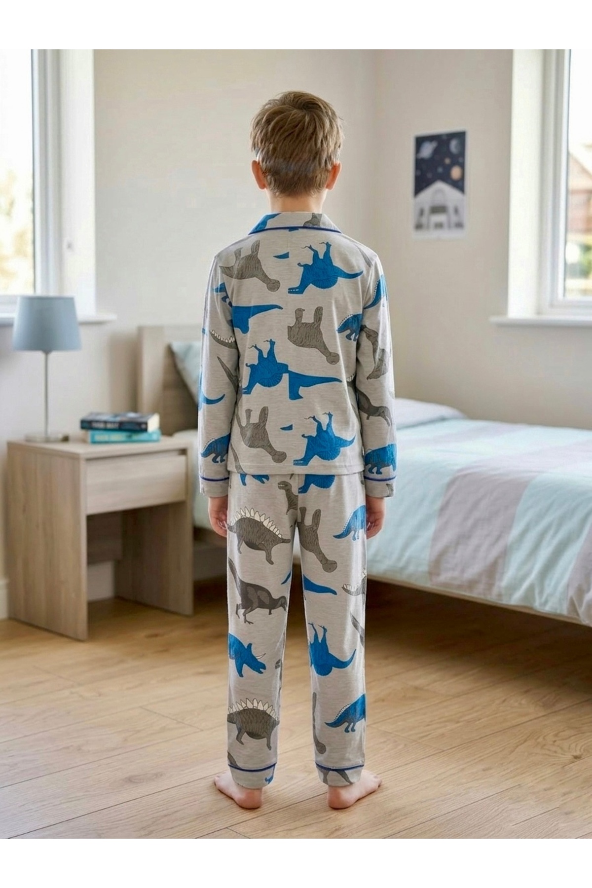 Enie Erkek Çocuk Dinazor Desenli Gri 95% Pamuk Rahat Kalıp Pijama Takımı + Göz Bandı fotoğrafı 2 (önizleme)