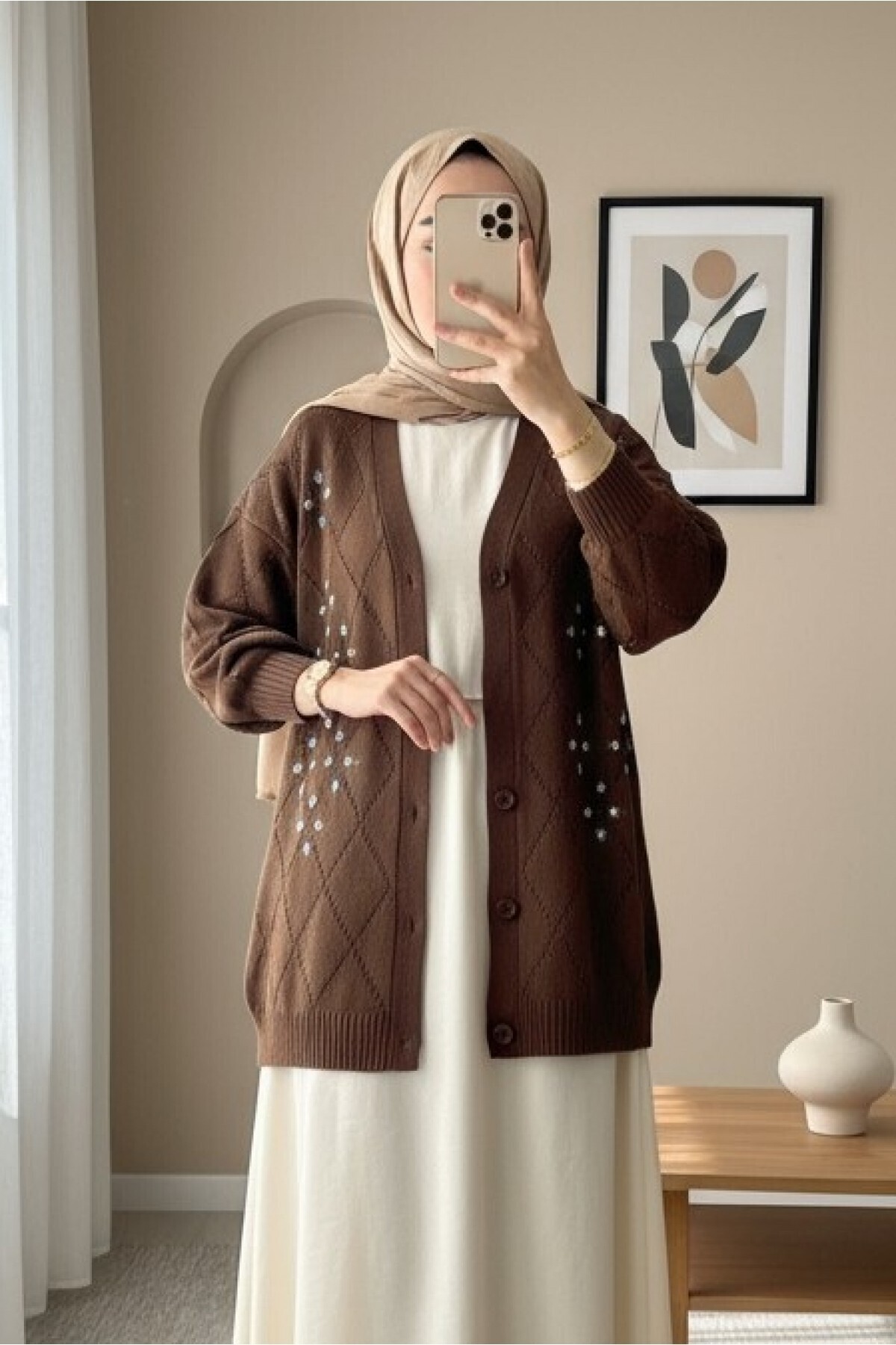 HİJABAYA  Ajurlu çiçek Nakışlı Düğmeli Triko Hırka - Görsel 2