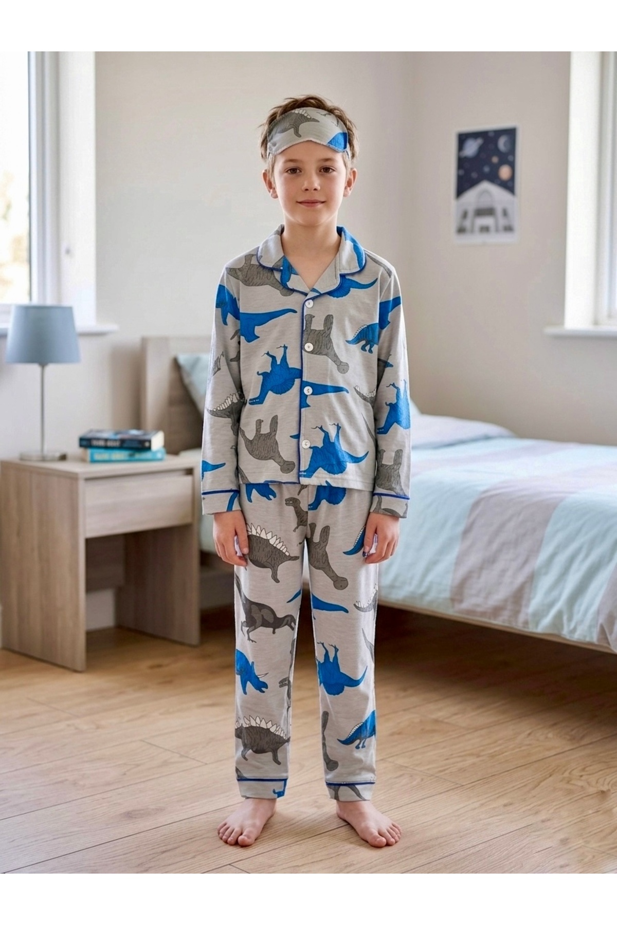 Boy Dinosaur Patterned Gray 95% Cotton Comfortable Fit Pajamas Set + Eye Patch