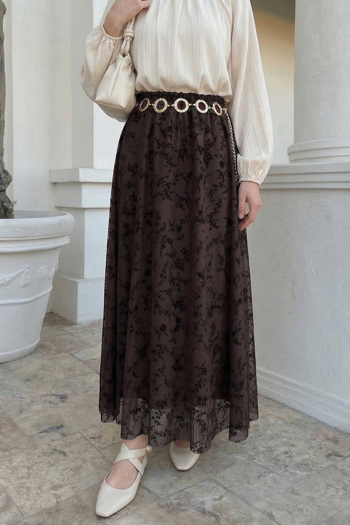 InStyle  Çiçekli Flok Tül Astarlı Acı Kahve Etek - Görsel 4