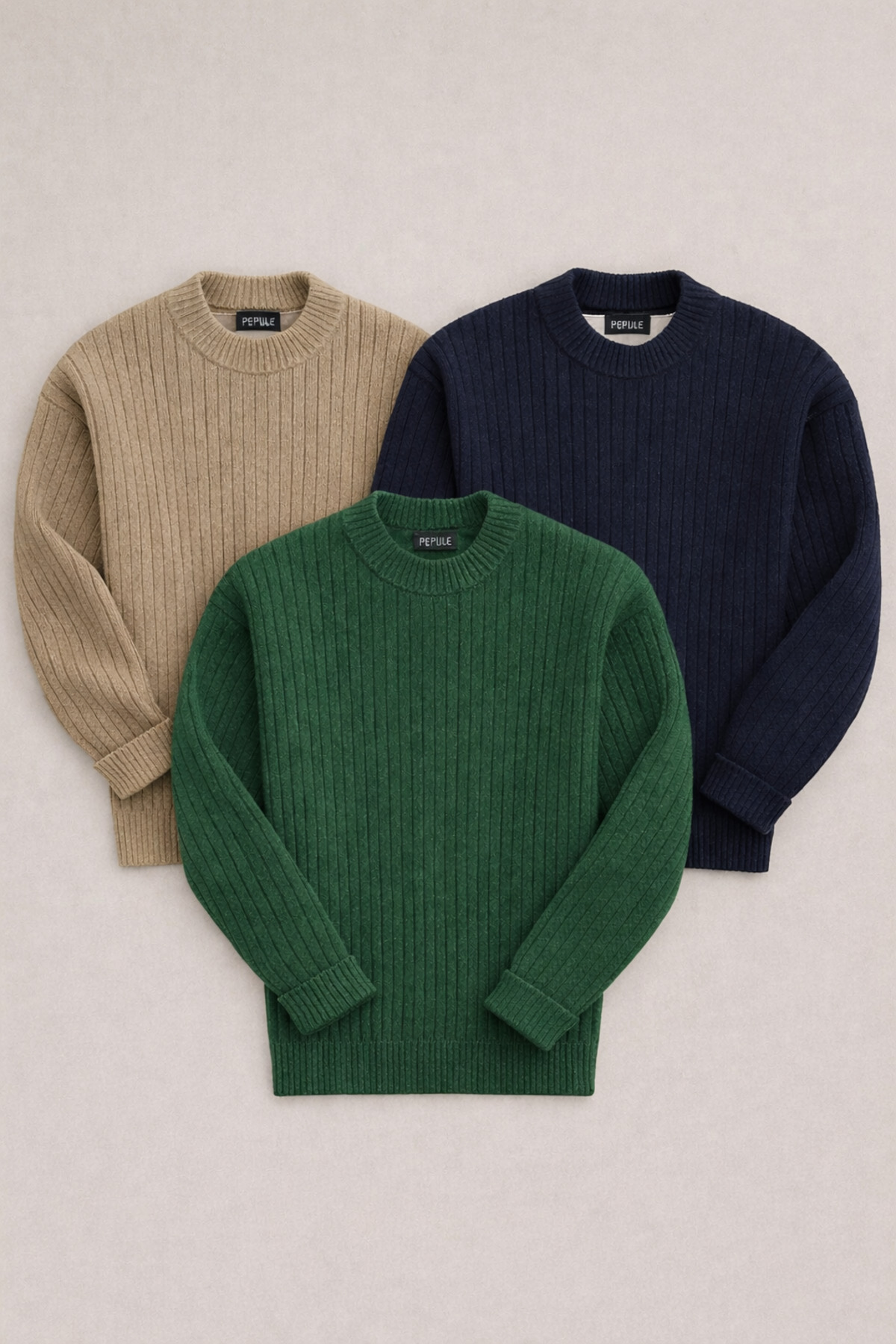 oneoff  3’lü Avantajlı Set bej lacivert zümrüt Erkek Salaş Kışlık Triko kazak Kazak