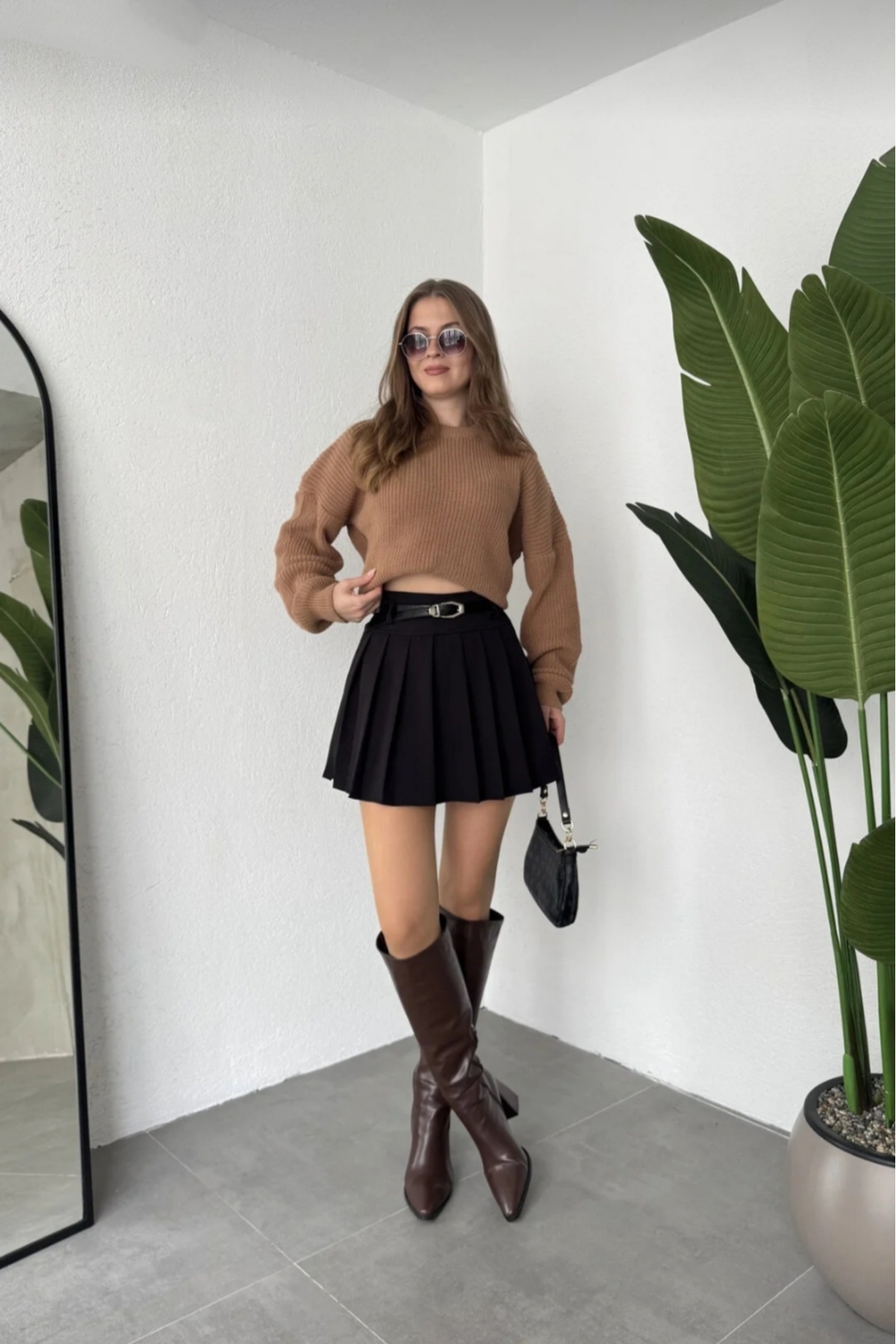 Safgiyim44 Belted Pleated Short Skirt - Black- Trendyol