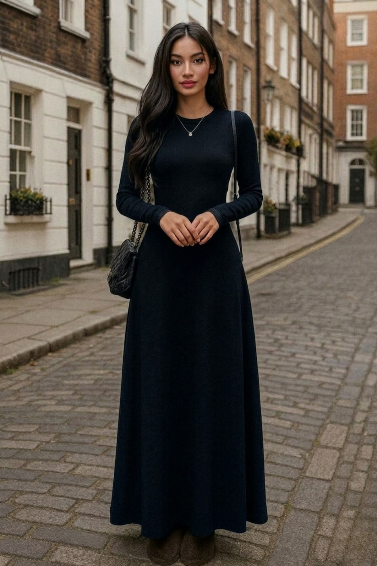 Lesa Wear  Uzun kollu Likralı Vücudu Saran A kesim Siyah Kadın Elbise, Maxi Elbise