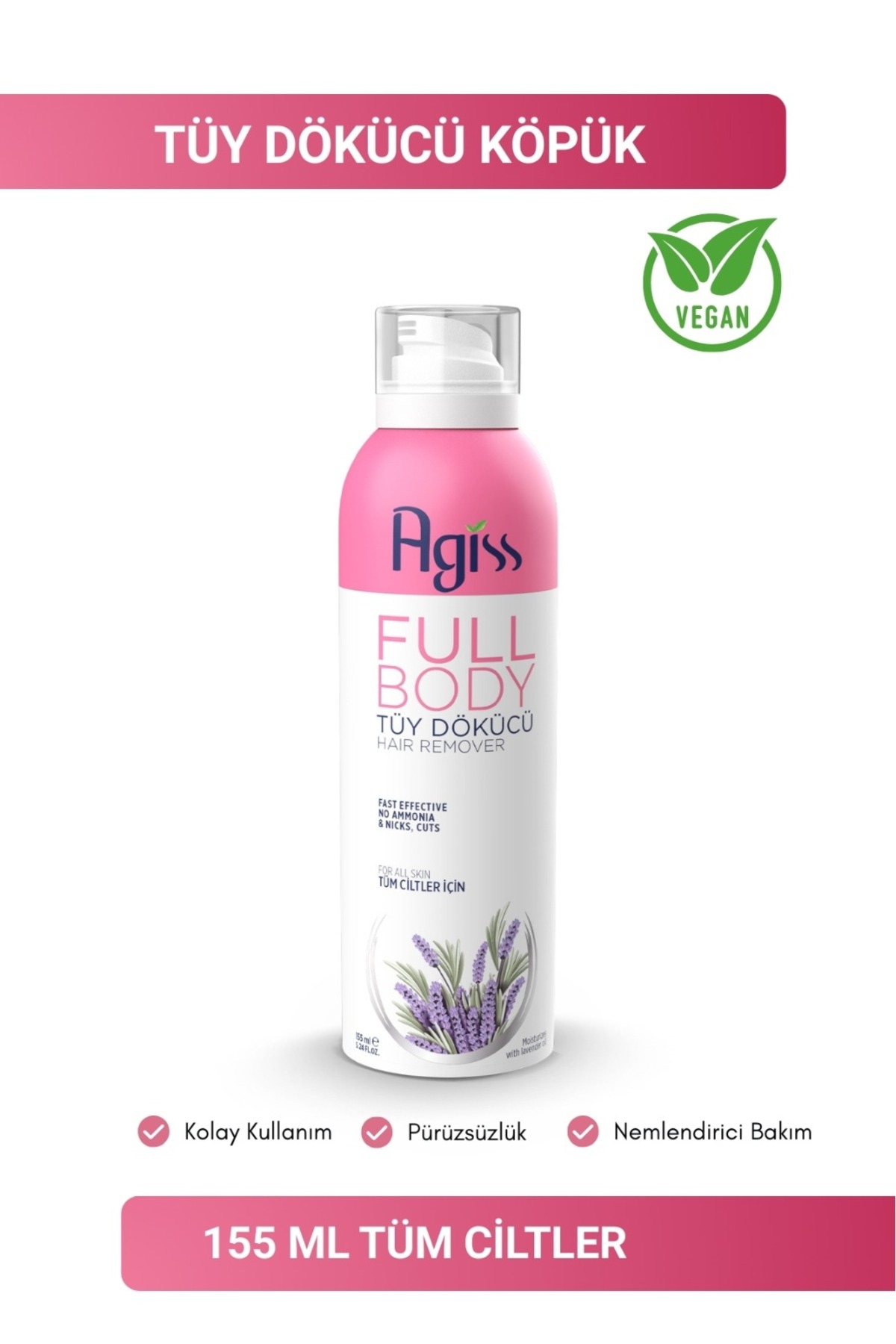 AGISS Full Body Tüm Vücut Tüy Dökücü, Tüy Azaltıcı Köpük Tüy Dökücü Sprey 155ml — 8698703028562
