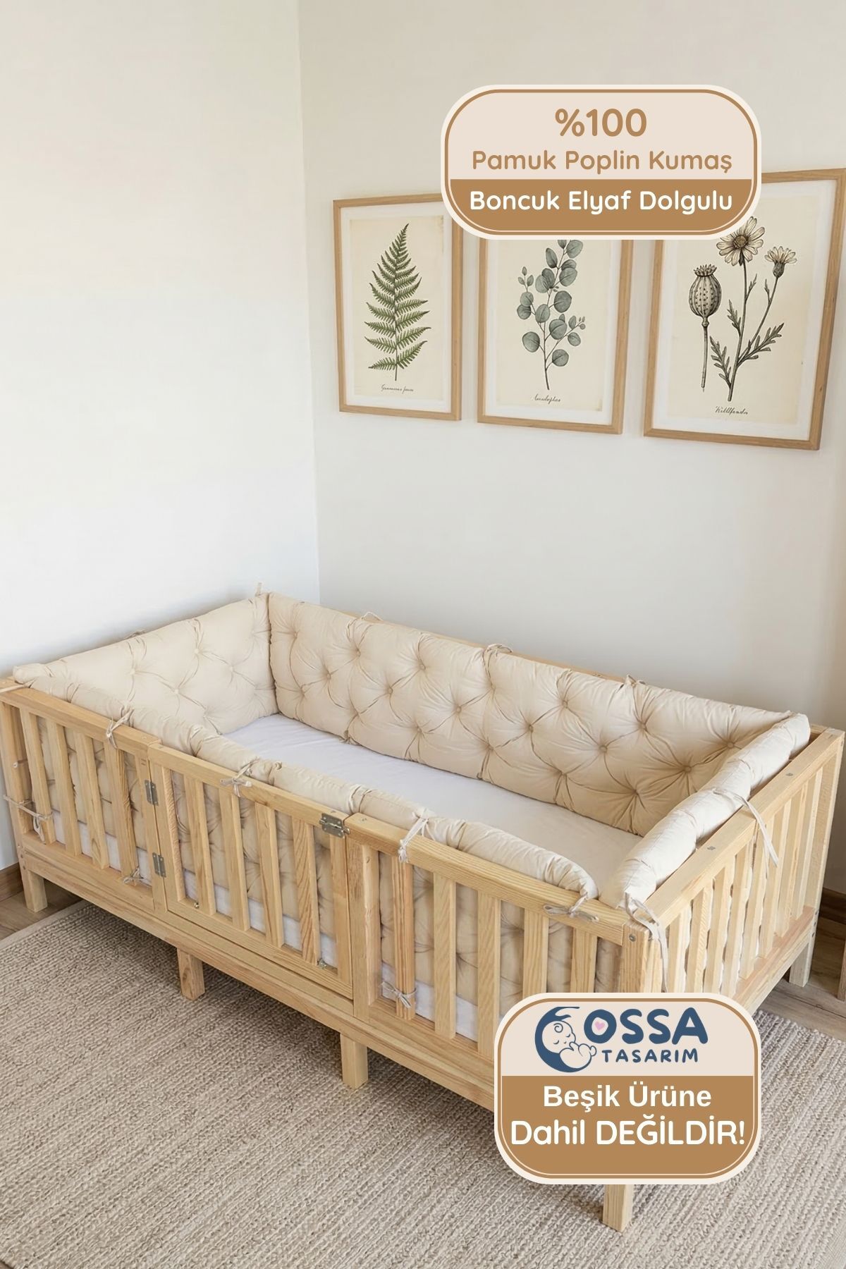 yasetex tasarım Montessori Yatak ve Beşik İçin 4 Kenar Koruma Seti Vanilya Renk Pamuk Kumaş fotoğrafı 2 (önizleme)