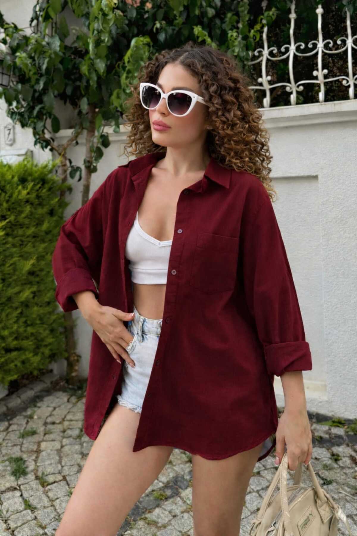 bb butik basic  Oversize Keten Dokulu %100 Pamuk Salaş Bordo Gömlek Bb-ku3435
