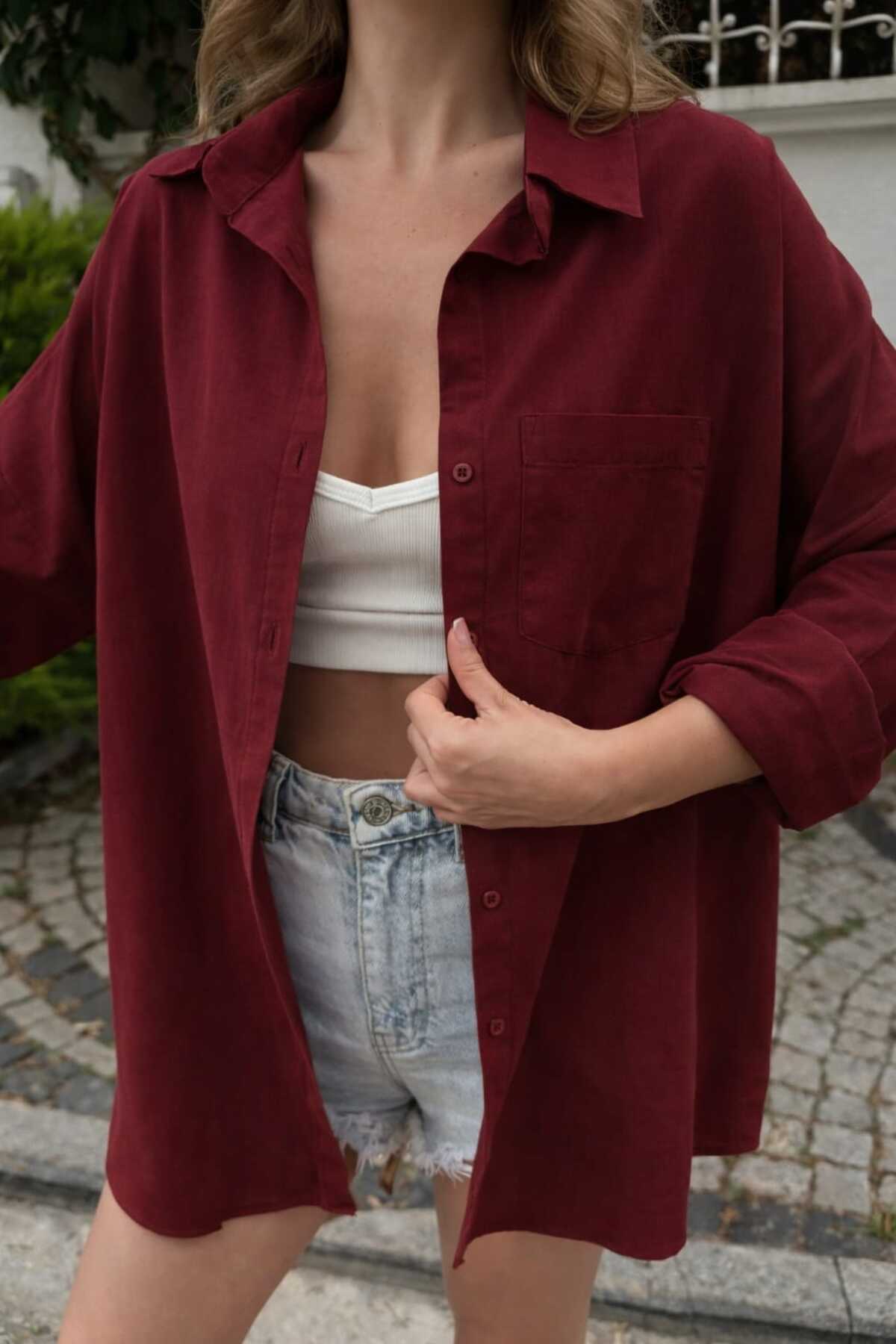 bb butik basic  Oversize Keten Dokulu %100 Pamuk Salaş Bordo Gömlek Bb-ku3435 - Görsel 2