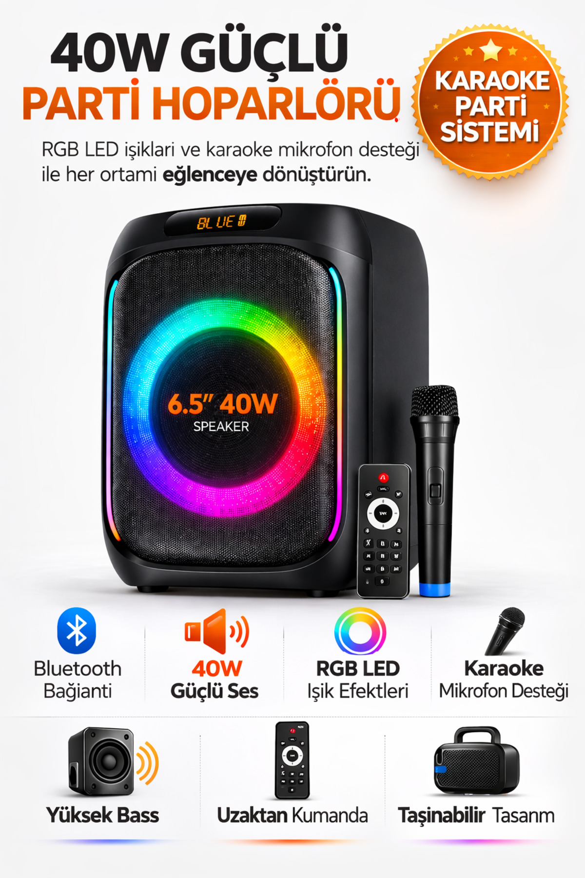 40W Party Wireless Microphone Controlled Bluetooth Speaker with Mio Portable Microphone Led Light