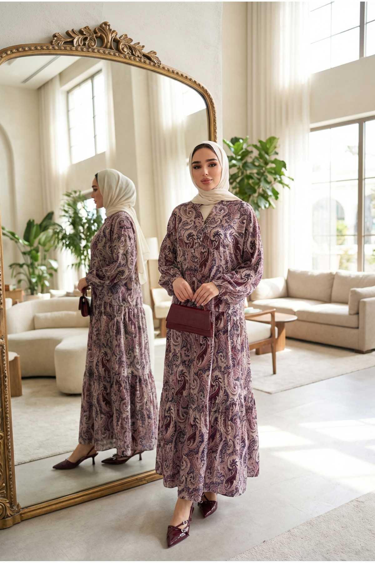 Women's Modal Fabric Shawl Pattern Layer Long Modest Dress Bohemian Summer Dress (without sash)