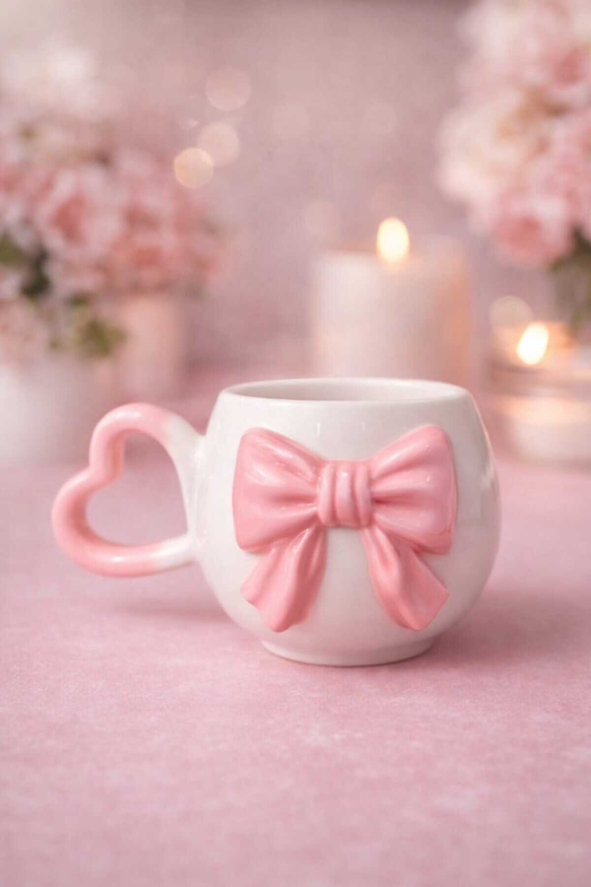 Heart Handle 3D PINK BOW PATTERN Custom Embossed All Handmade Ceramic Mug