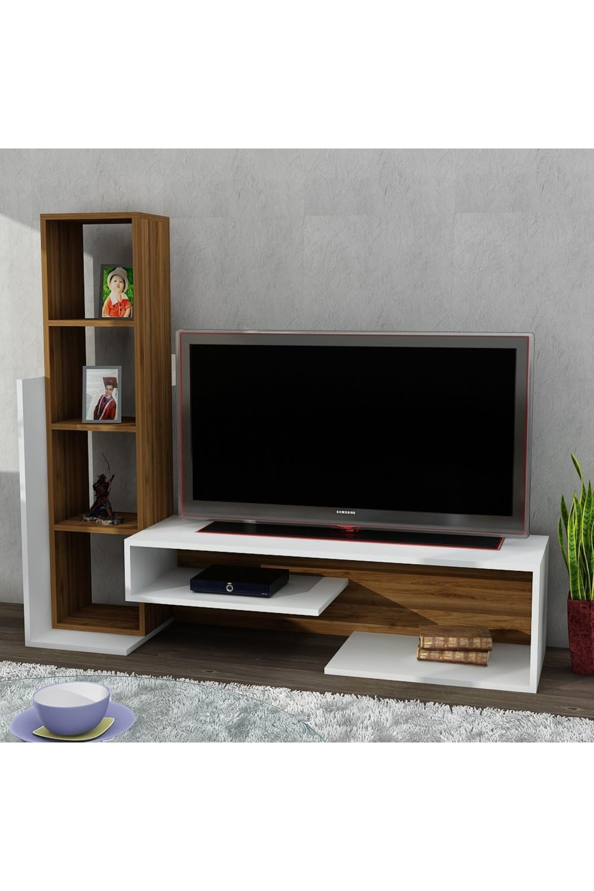 حامل تلفزيون بأرفف، مصنوع من الخشب، باللونين الأبي...