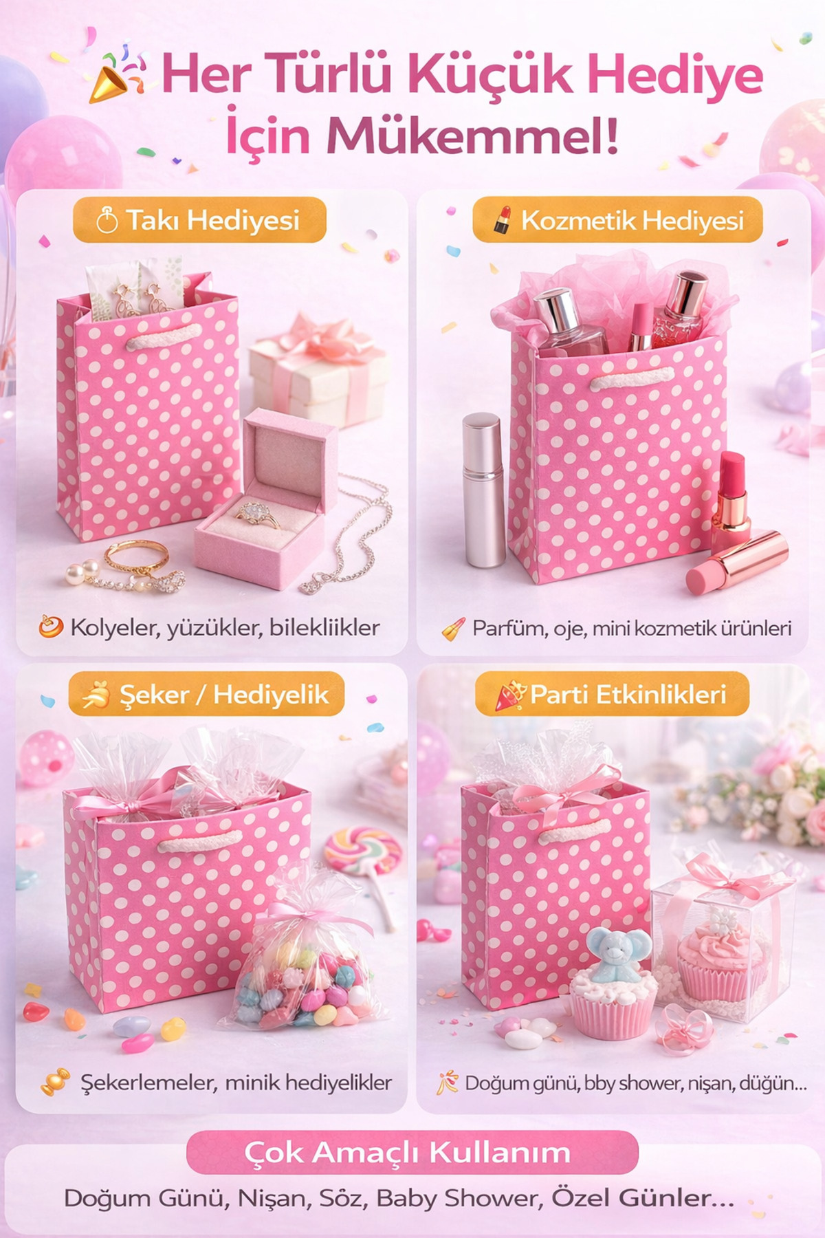 Owersea Hediye Çantası 12x17 cm Pembe Puantiyeli Karton Hediye Poşeti Doğum Günü Parti Hediyelik Çantası 3 fotoğrafı 6 (önizleme)