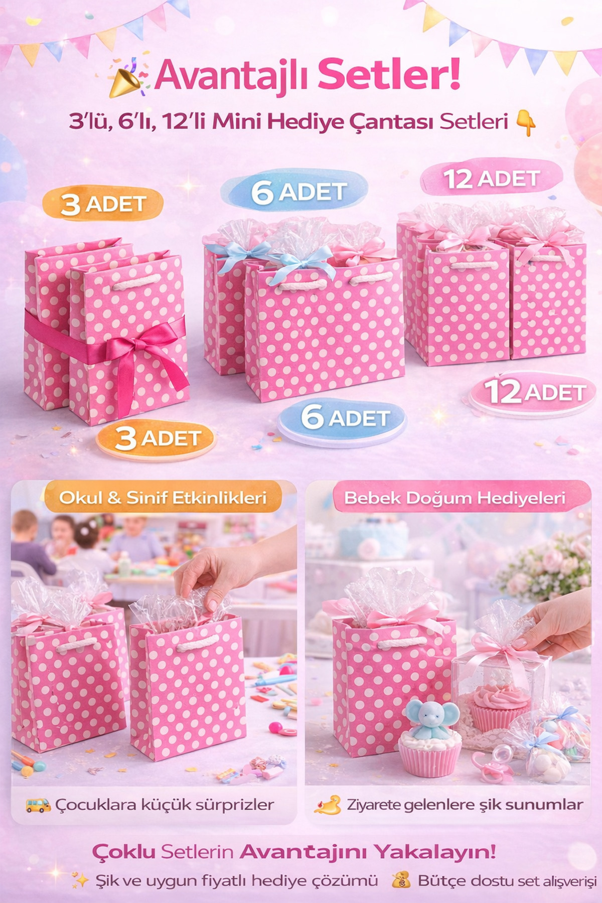Owersea Hediye Çantası 12x17 cm Pembe Puantiyeli Karton Hediye Poşeti Doğum Günü Parti Hediyelik Çantası 3 fotoğrafı 3 (önizleme)