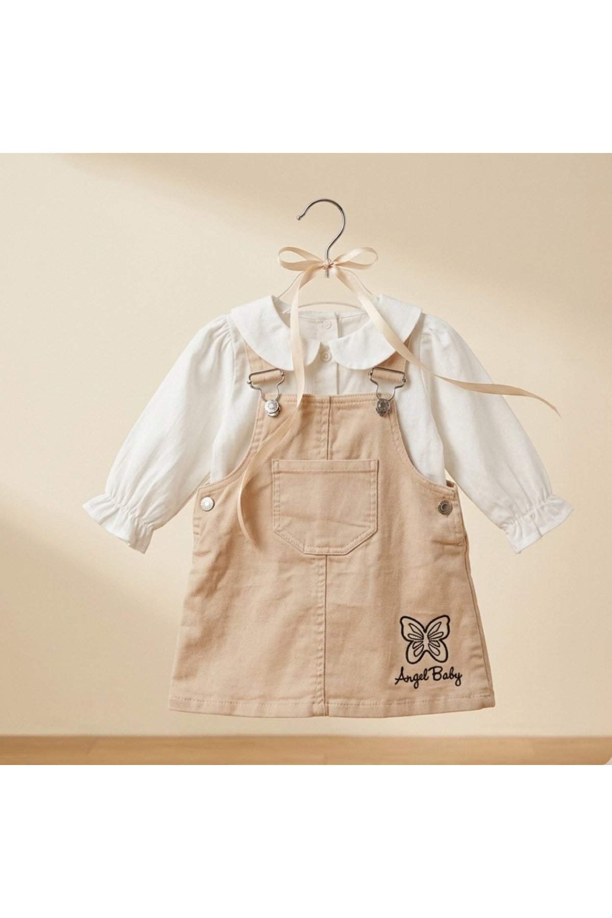 TA&CE Kelebek Nakışlı Kız Bebek Pamuklu Gömlekli 2’li Jile Elbise 6-24 Ay Bej Renk Bayram Kombini fotoğrafı 5 (önizleme)