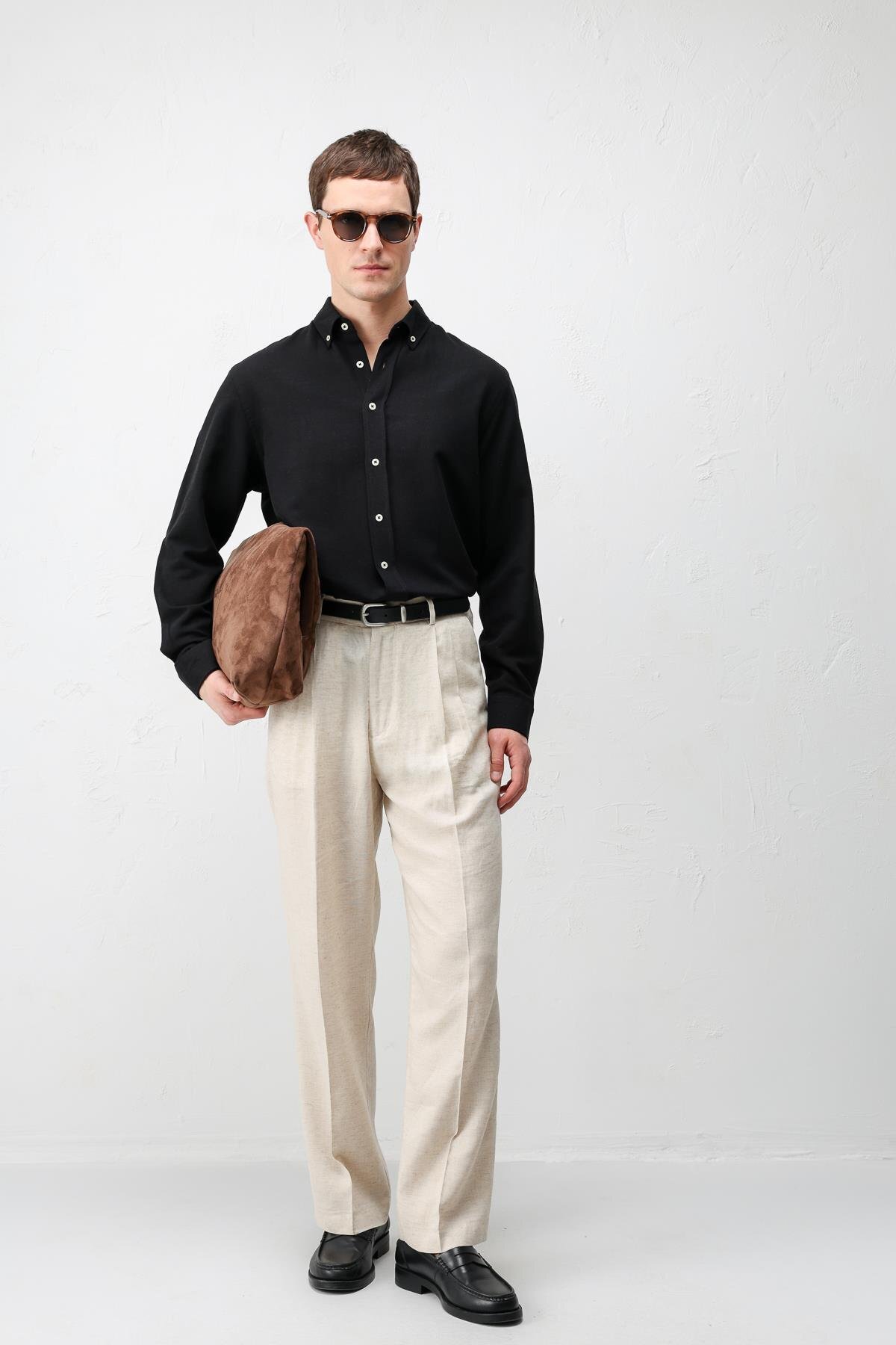 Siyah Keten Karışımlı Relaxed Fit Erkek Gömlek — مشکی A26Y10156 — تصویر 3 از 7