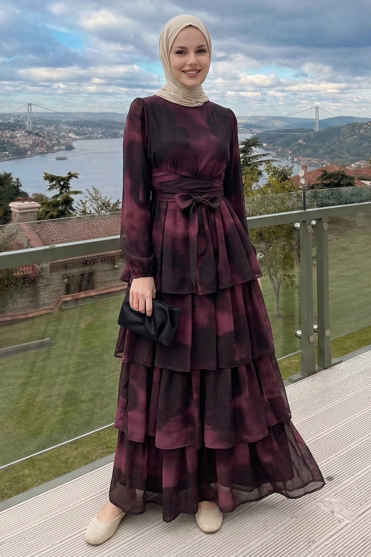 InStyle  Desenli Kat Kat Bordo Şifon Elbise