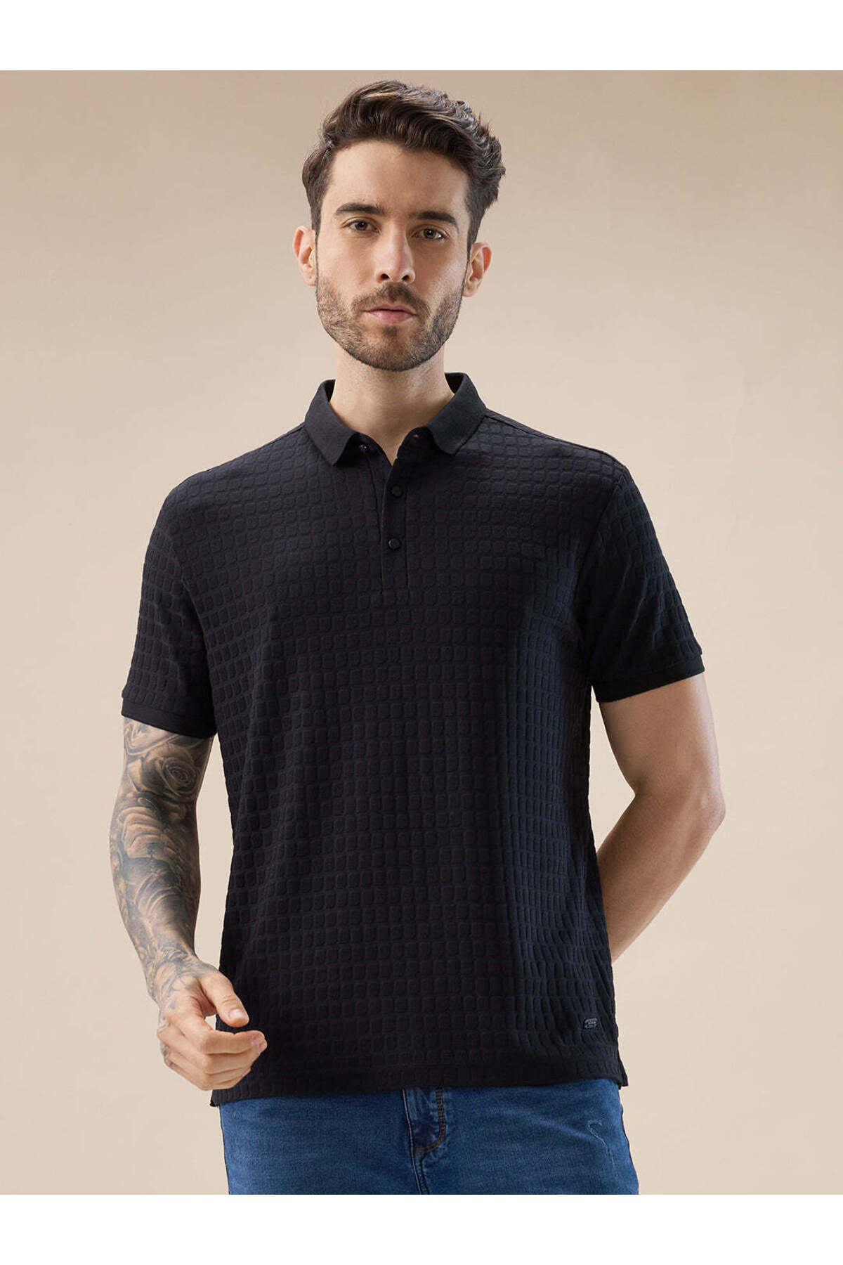 STATUS QUO Textured Regular Fit Black Polo T-shirt