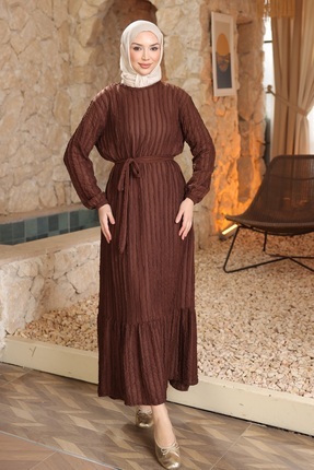 İmajButik Kahverengi Kol Lastikli Kuşaklı Gofre Elbise