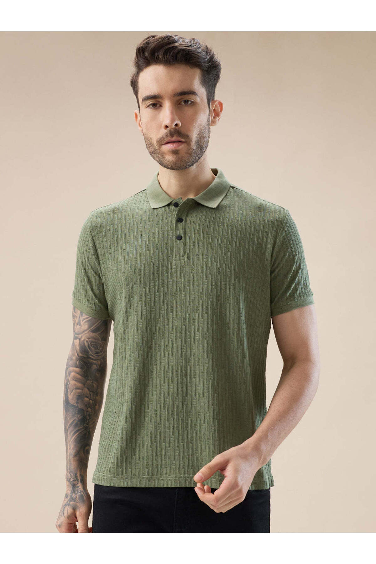 STATUS QUO Olive Textured Vertical Stripe Regular Fit Polo T-shirt
