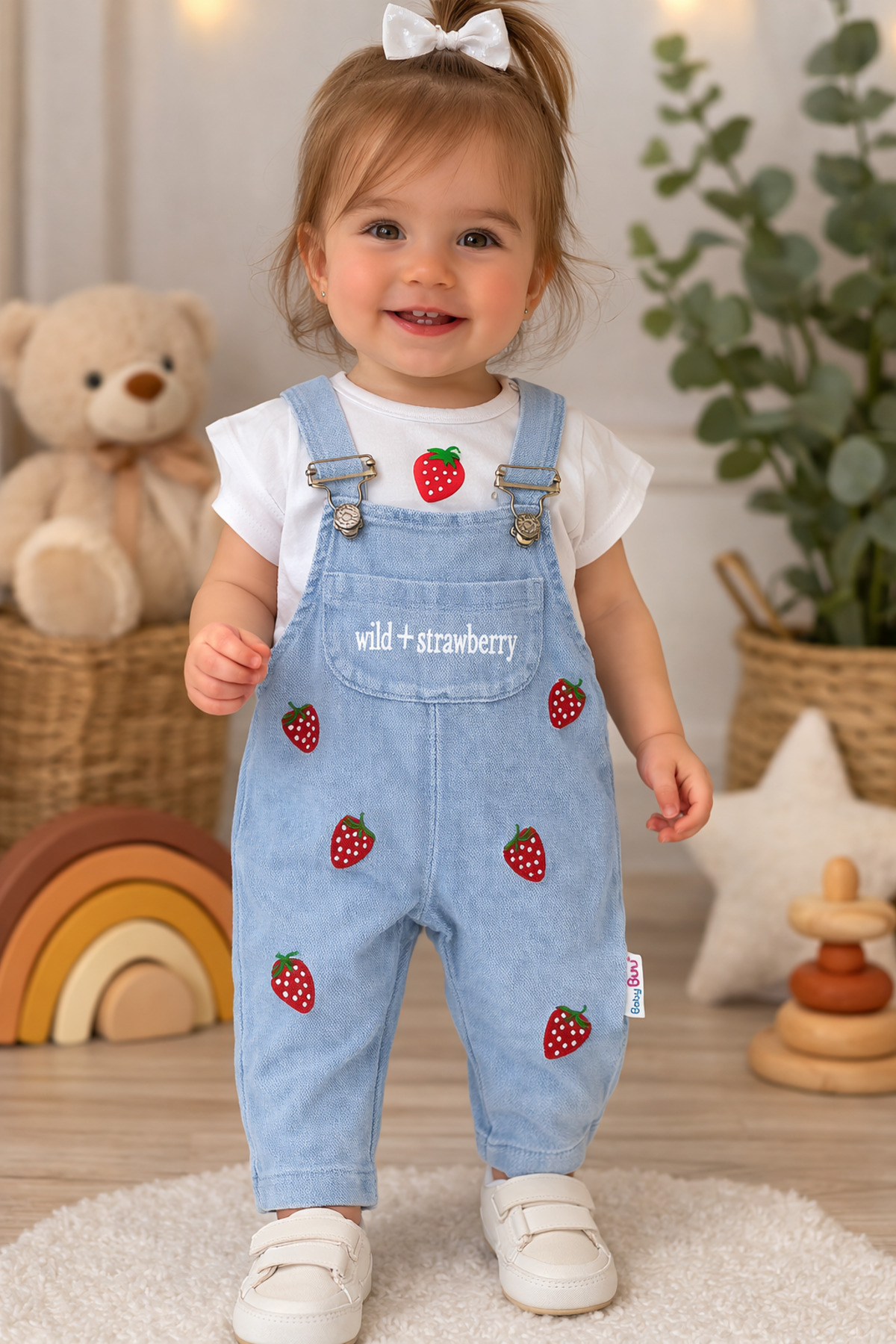 Strawberry Pattern Denim Jeans Baby Girl Holiday Dungaree Gardener 6-9Months, 9-12Months, 12-18Months, 18-24Months