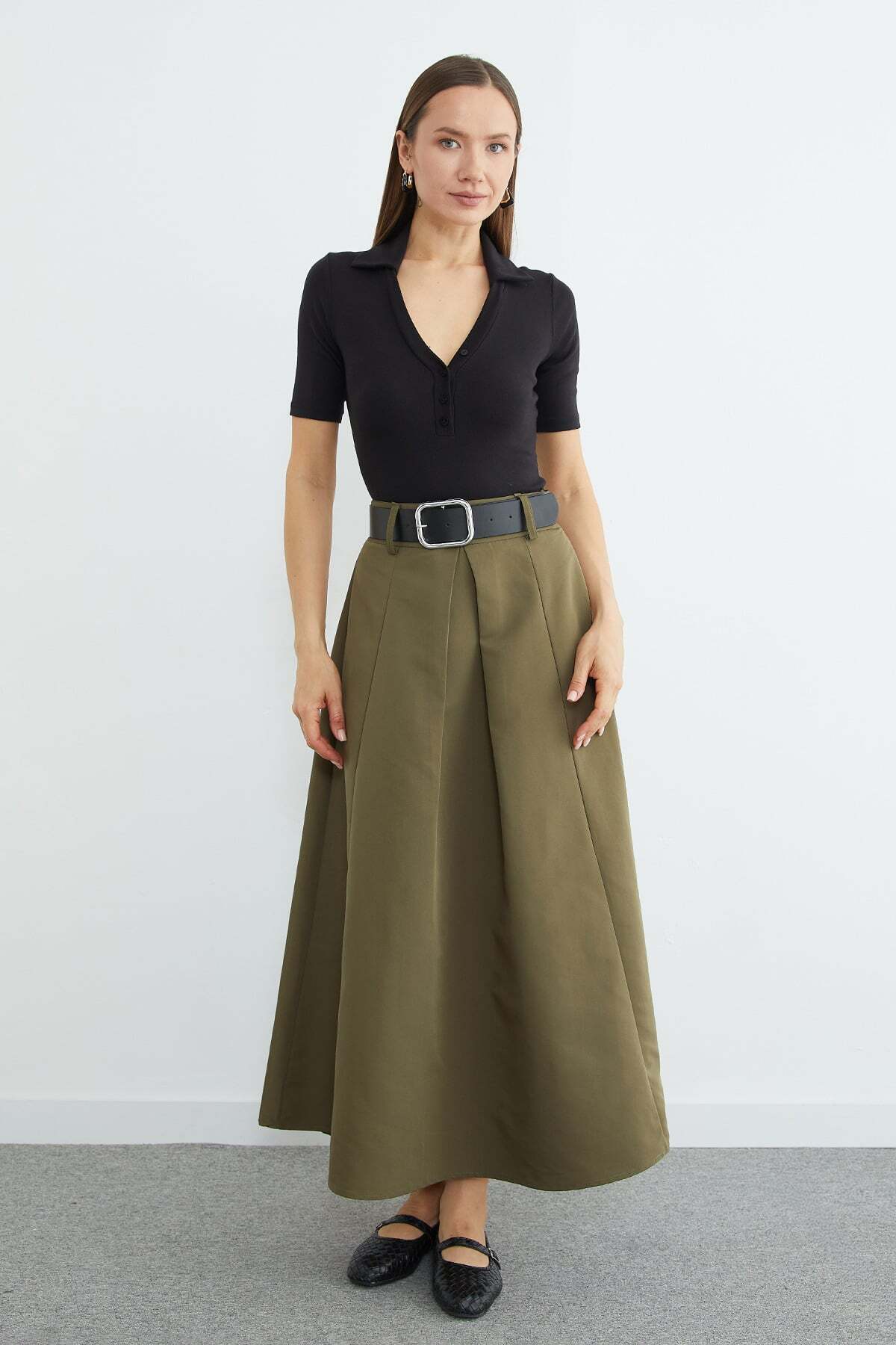 Fullamoda  Kemerli Pileli Maxi Boy Etek