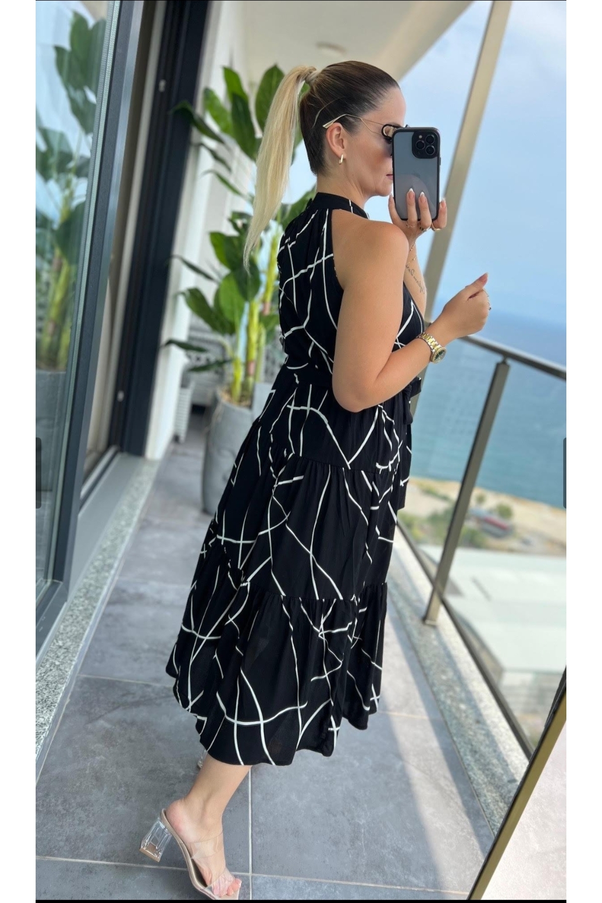 DISHI FASHİON  Halter Yaka asimetrik Desenli Elbise - Görsel 7