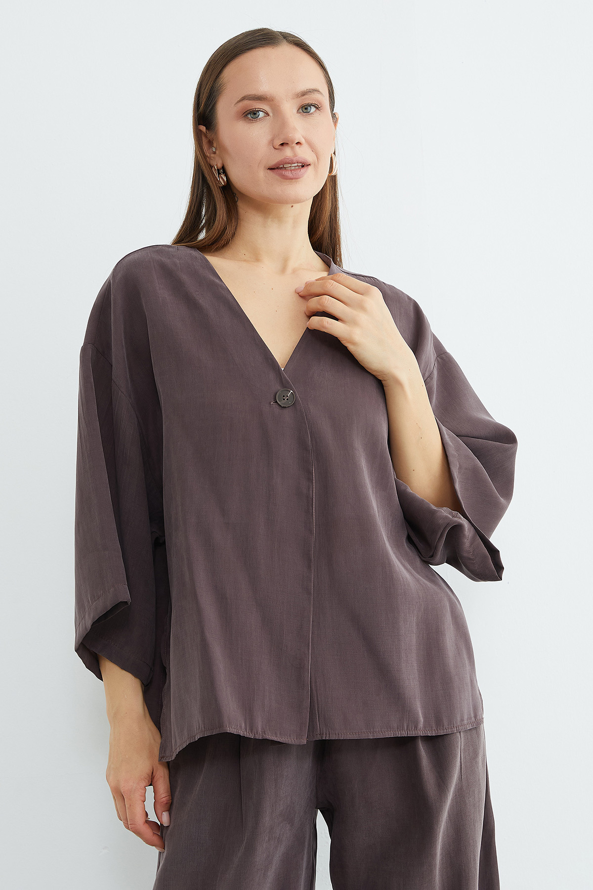 Fullamoda  Tek Düğmeli Tencel Kumaş Oversize Ceket - Görsel 3