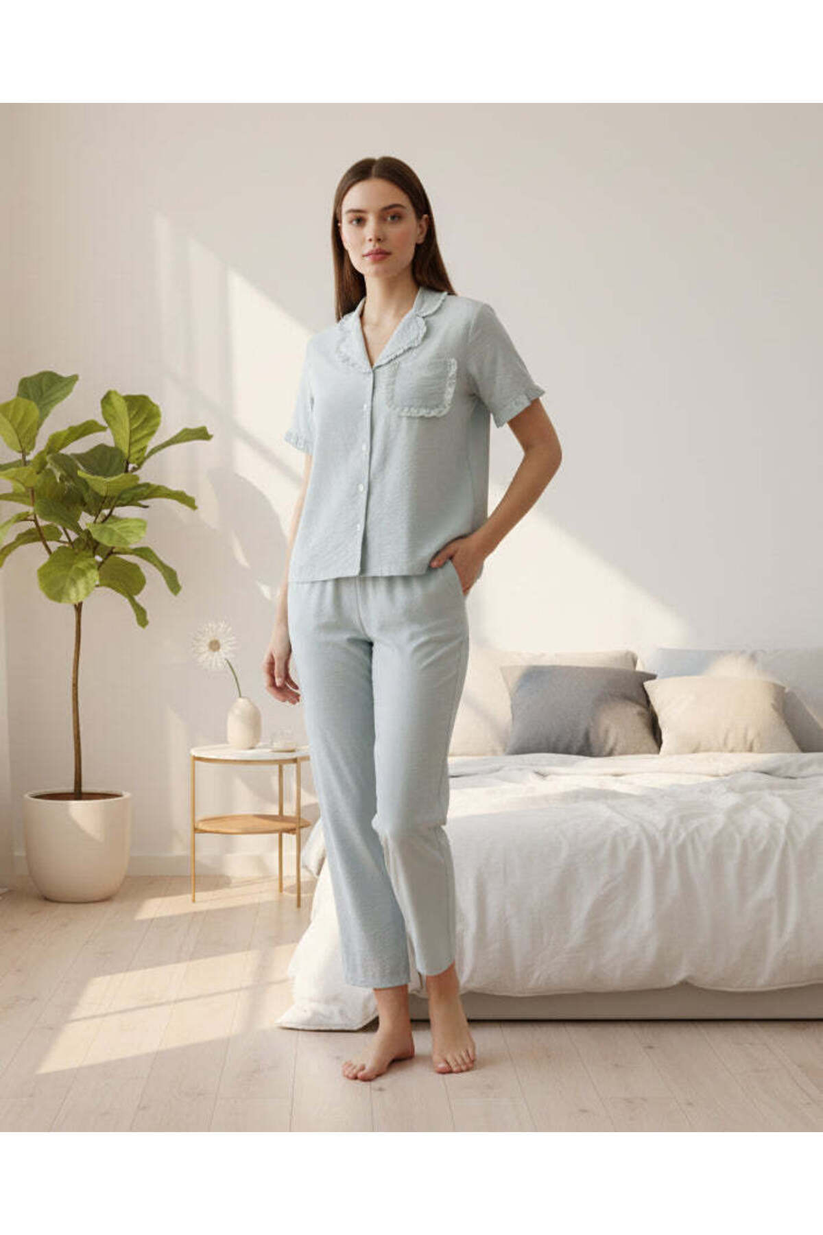 REDTAG Women Pale Blue Embroidered Short Sleeve Pyjama Set