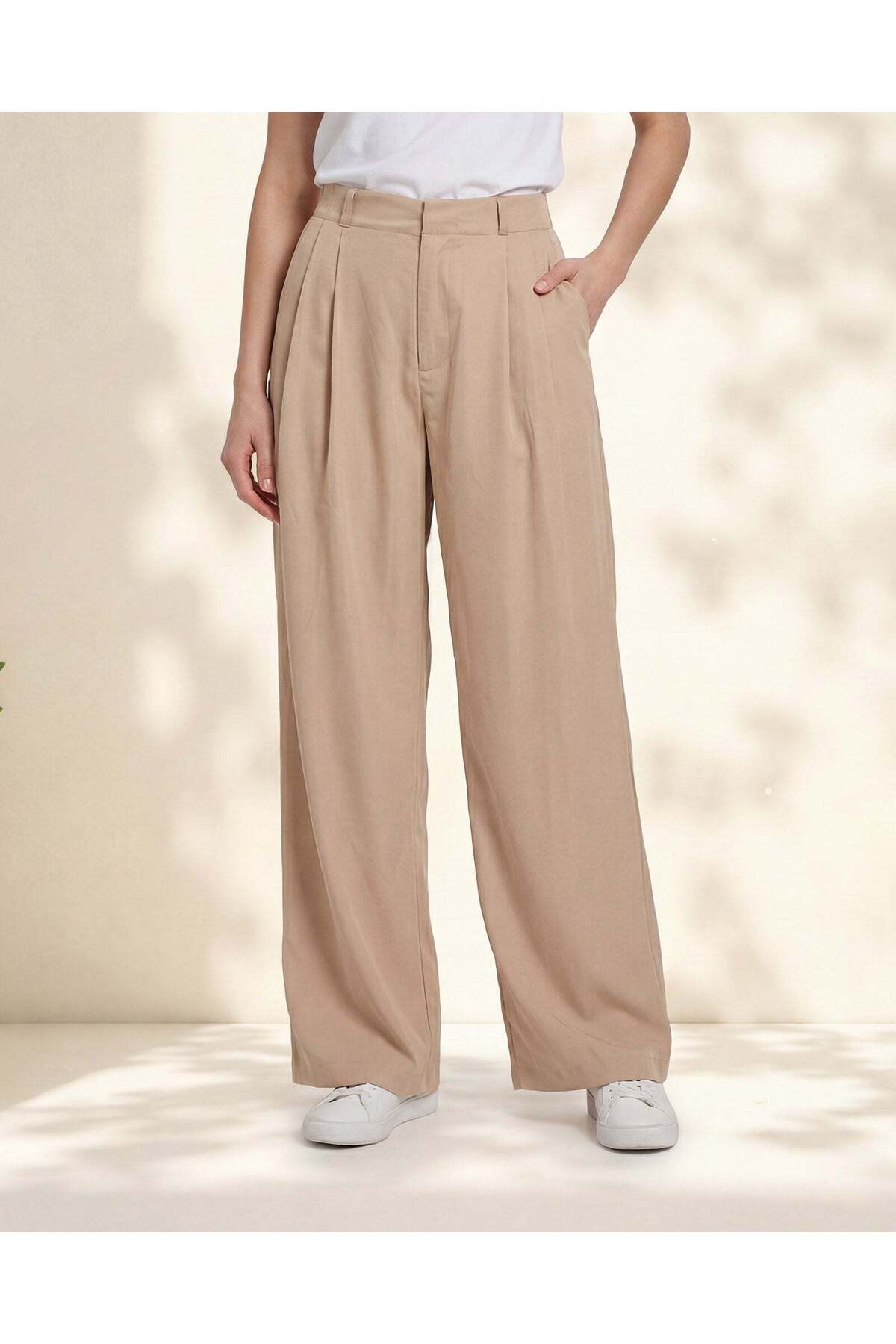 REDTAG Women Beige Relaxed Wide Leg Trouser