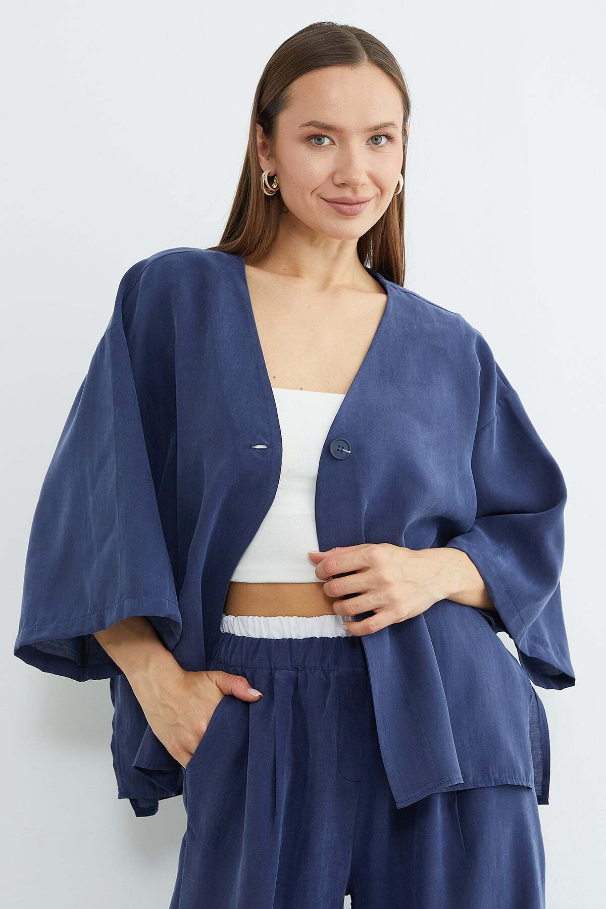 Fullamoda  Tek Düğmeli Tencel Kumaş Oversize Ceket