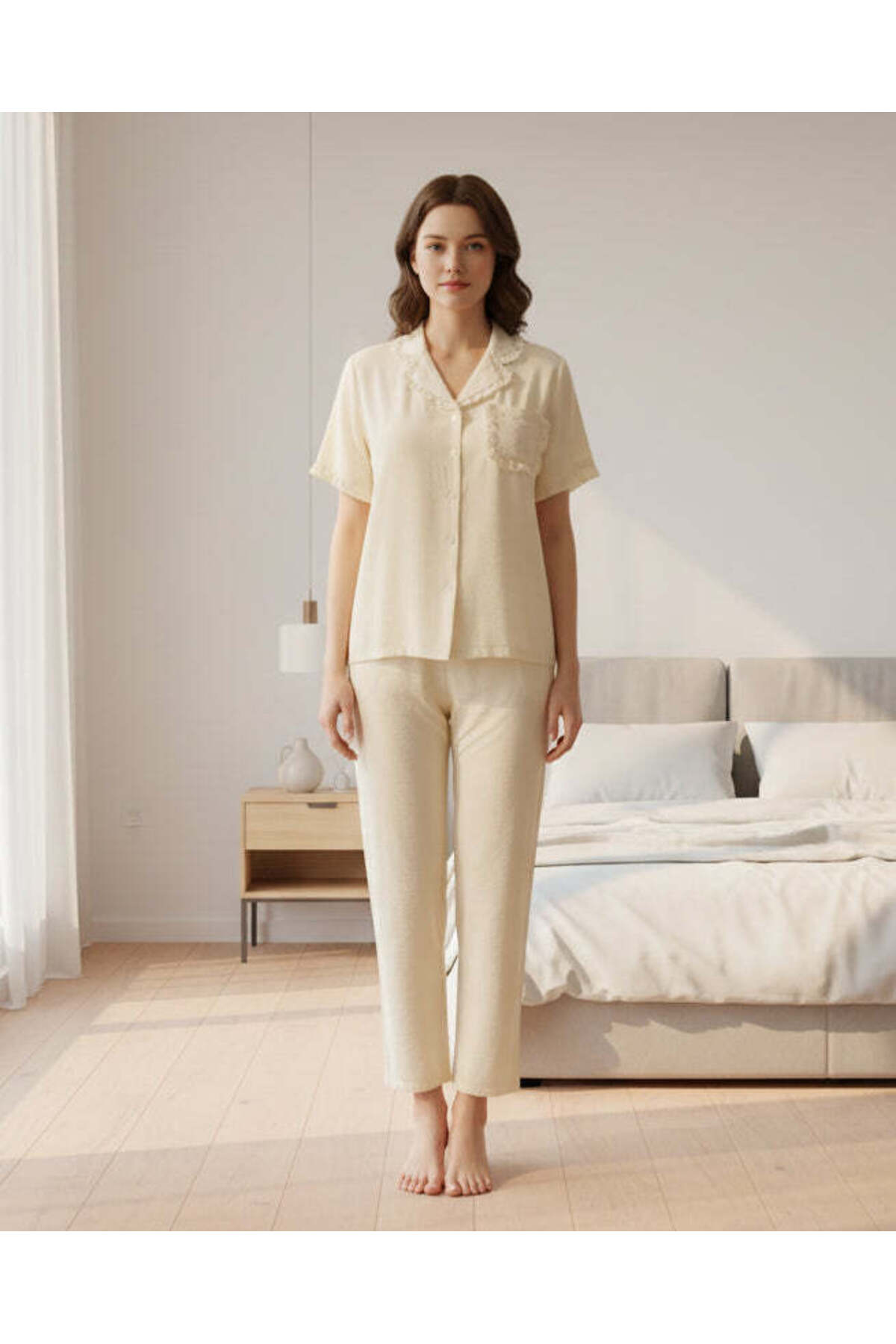 REDTAG Women Pale Yellow Embroidered Short Sleeve Pyjama Set