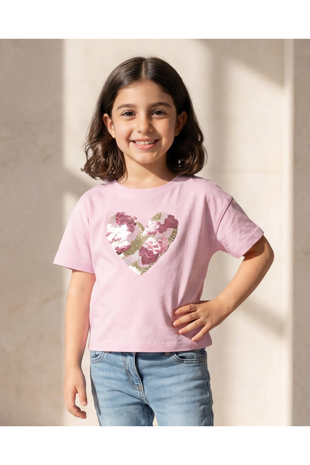 REDTAG Girls Lilac Heart Sequin Boxy T-Shirt