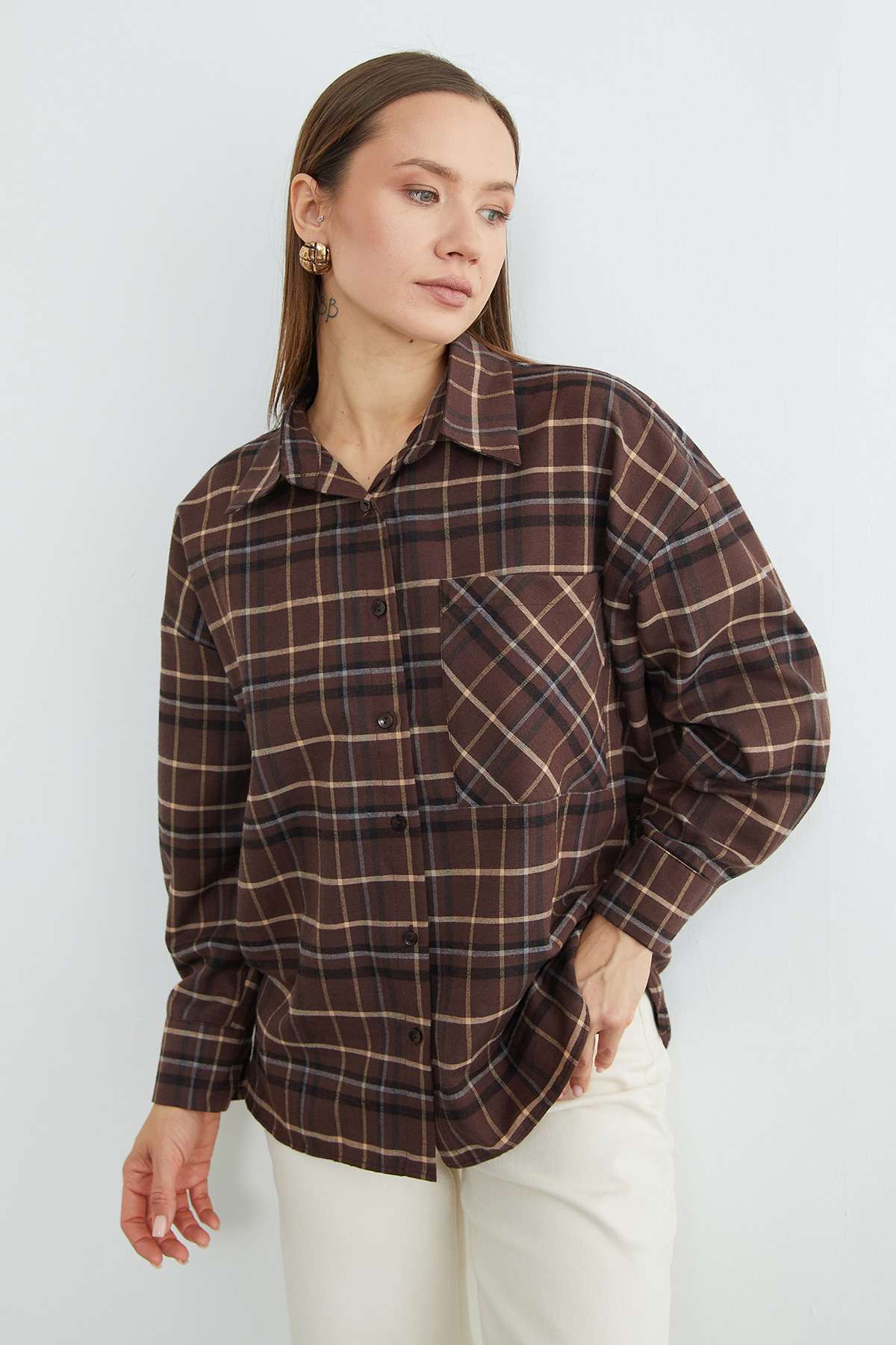 Fulla Moda Tek Cepli Ekose Desenli Oversize Gömlek görsel 7