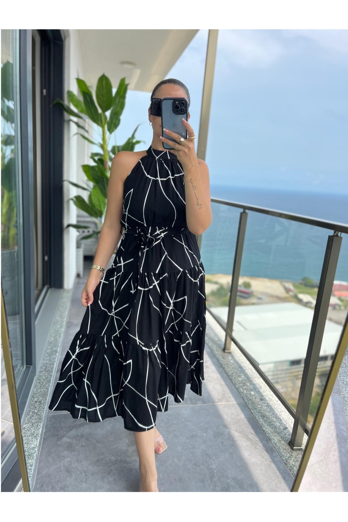 DISHI FASHİON  Halter Yaka asimetrik Desenli Elbise - Görsel 6