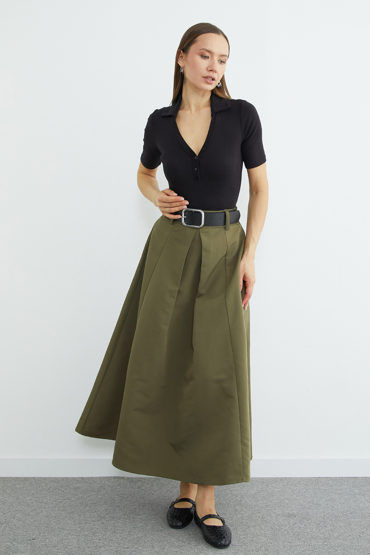 Fullamoda  Kemerli Pileli Maxi Boy Etek - Görsel 3