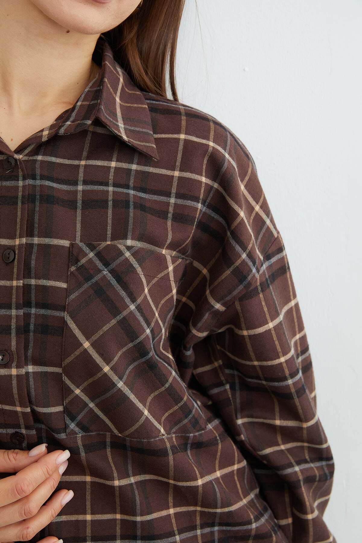 Fulla Moda Tek Cepli Ekose Desenli Oversize Gömlek görsel 6