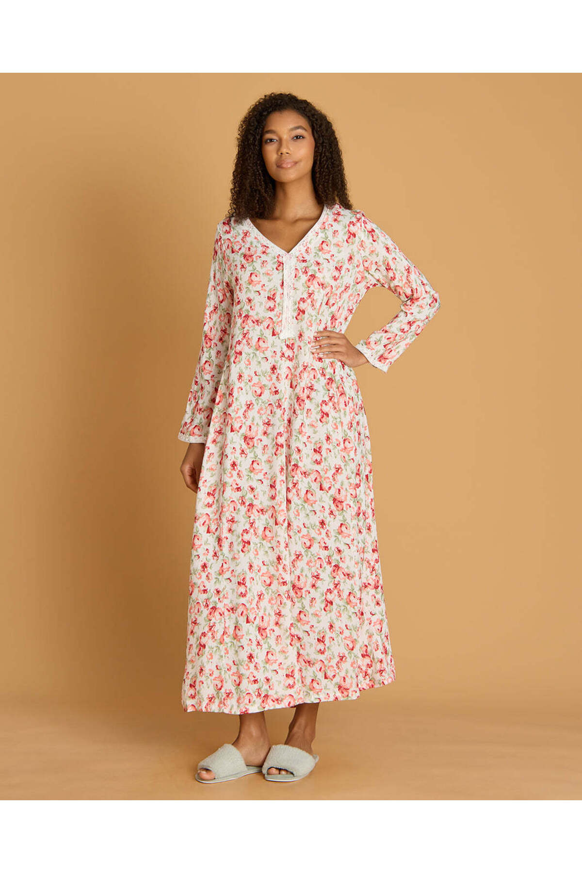 REDTAG Women Assorted Allover Print Long Length Viscose Nightgown With Neck Detailing