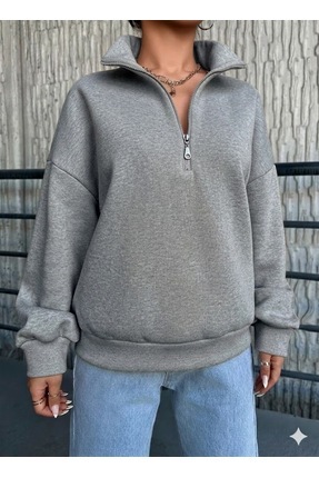ELORA BOUTİQE Kadın Dik Yaka Yarım Fermuarlı Rahat Kalıp Sweatshirt