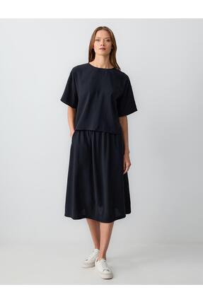 Jimmy Key Siyah Yüksek Bel Rahat Kesim Dokuma Midi Etek
